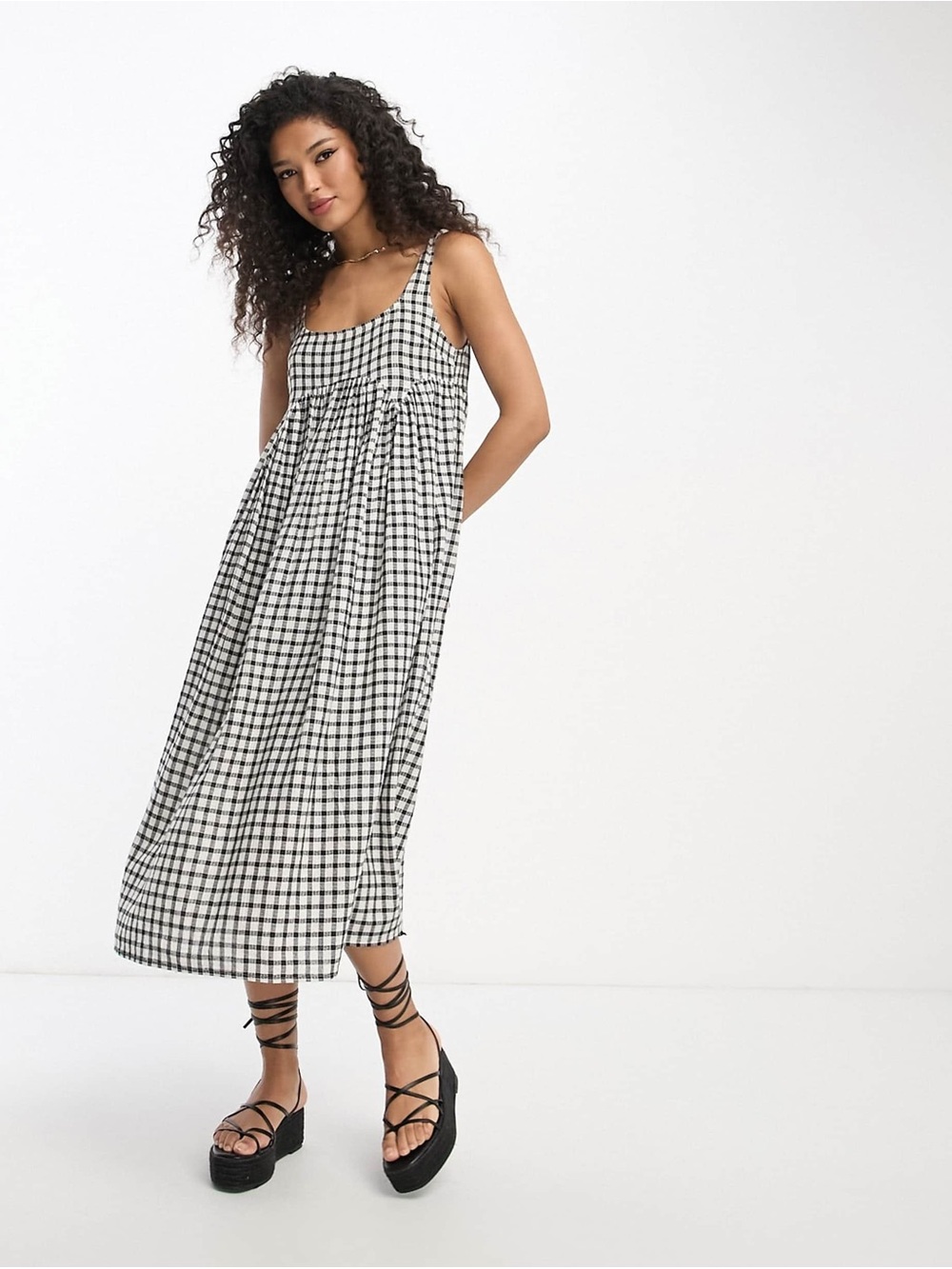 ASOS DESIGN square neck midi smock sundress in mono gingham